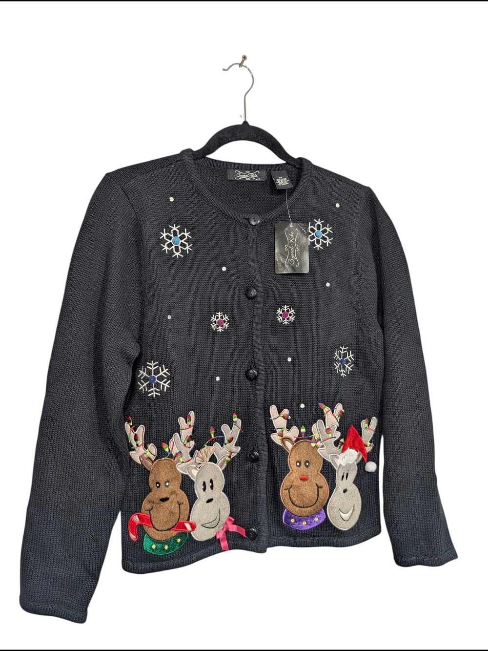Women's Petite SM Christmas Holiday Reindeer Embroidered Black Cardigan